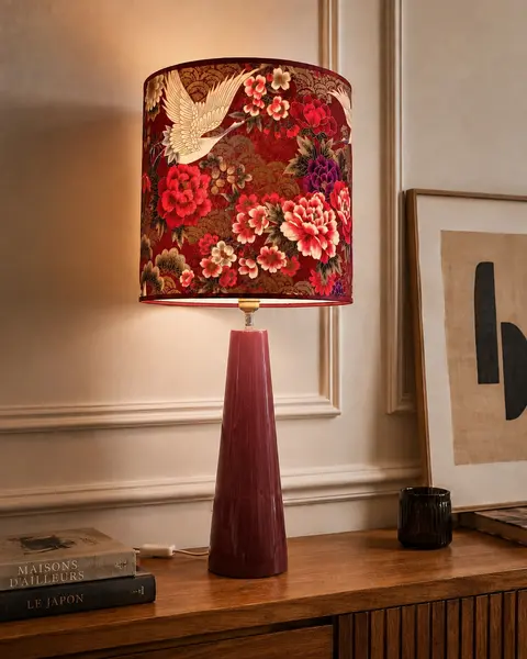 Grues et pivoines — Tissu japonais, pied céramique